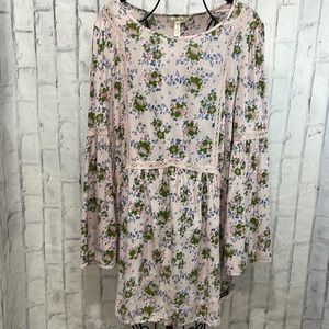 Matilda Jane Like a Lady Tunic Blouse Pink Floral Bell Sleeve Crochet Trim NWT